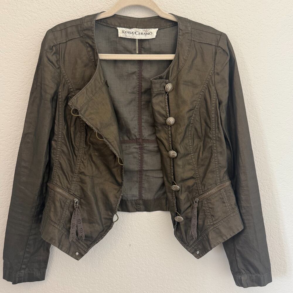 Luisa Cerano Linen Blend Coated Moto Jacket Olive Green Military Utility Sz 8 38